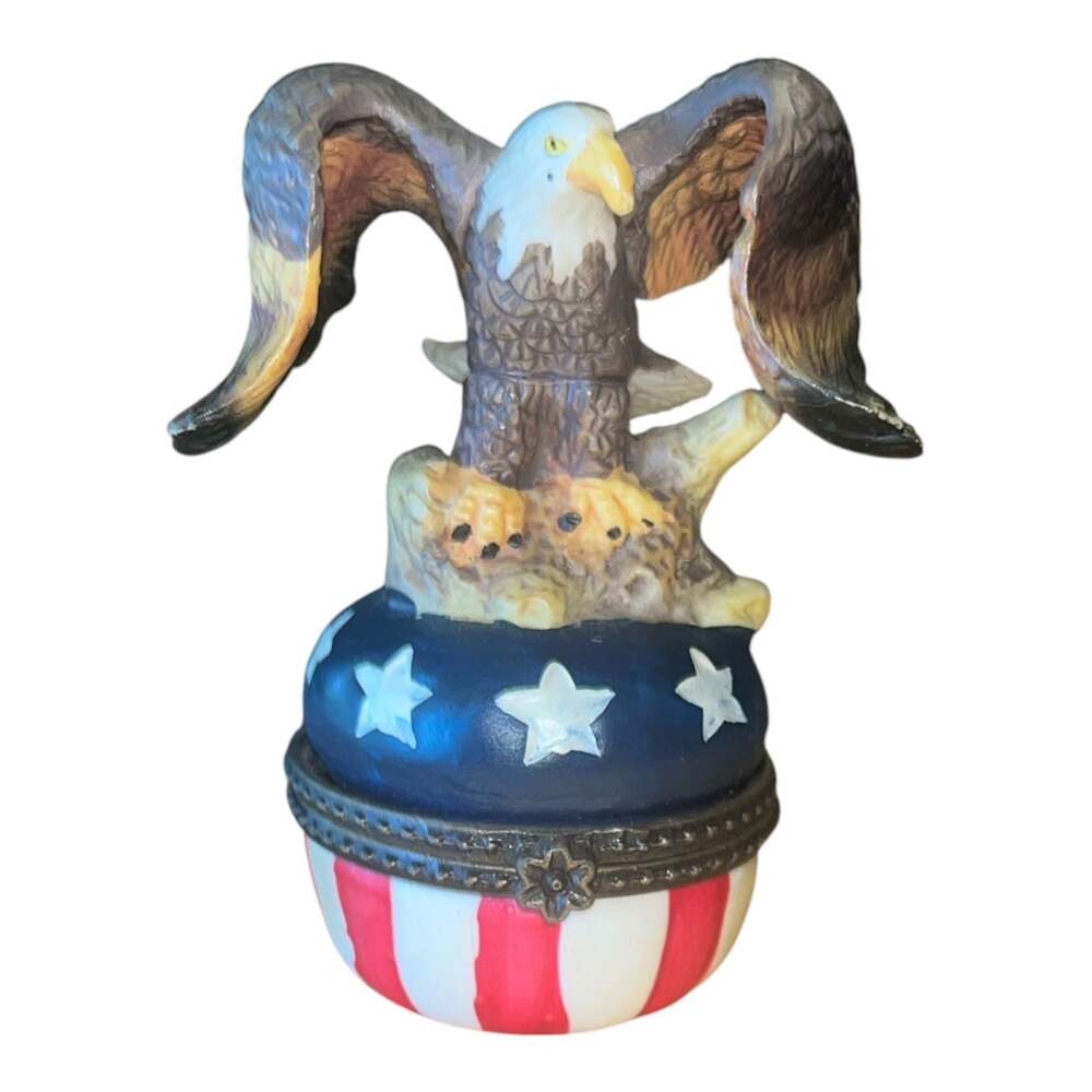 Patriotic American Bald Eagle and Stars & Stripes Hinged Trinket Box